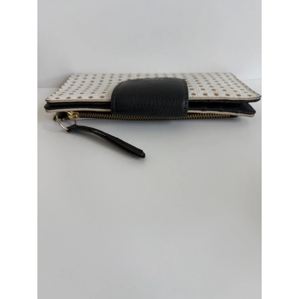 Fossil White Gold Polka‎ Dot Bifold Clutch Wallet Black Leather Snap Tab